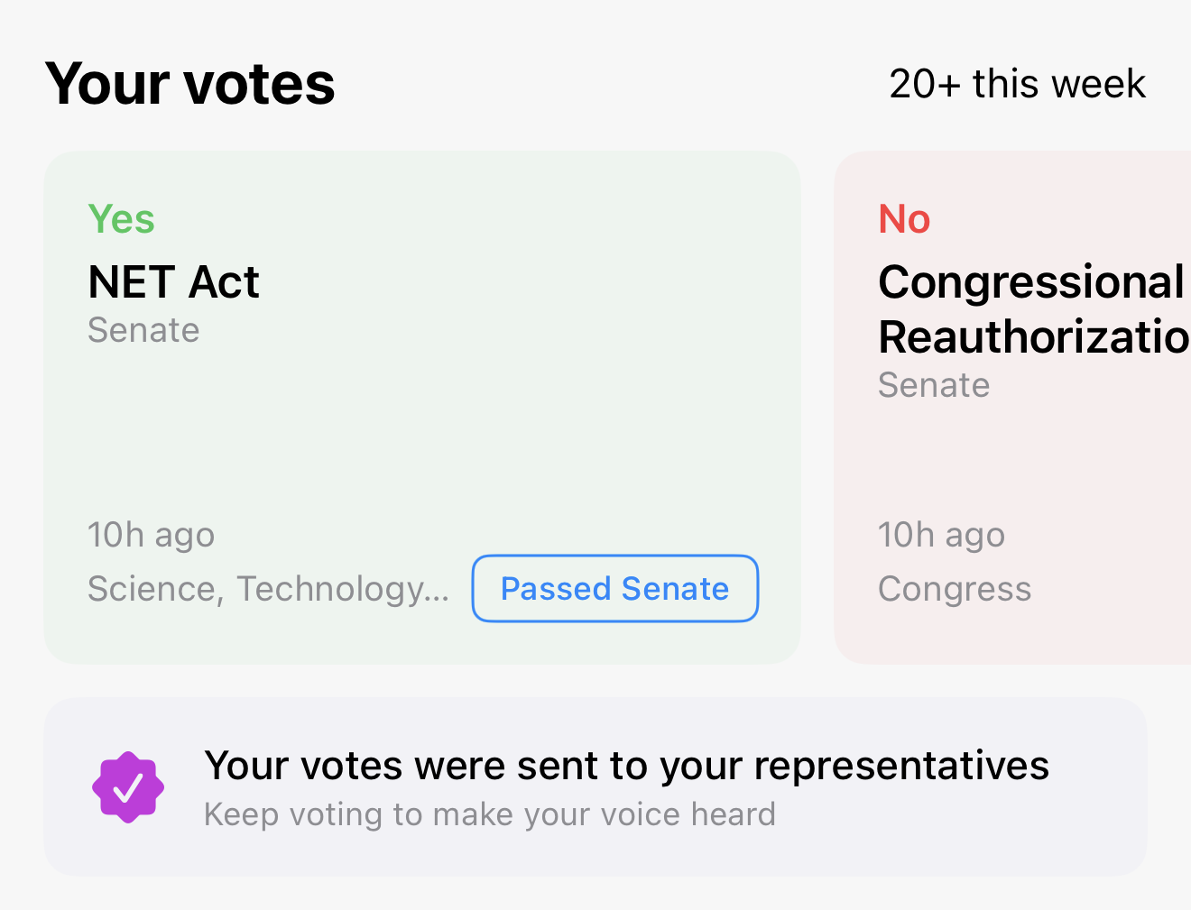 Your votes showing Yes and No votes on bills sent to representatives
